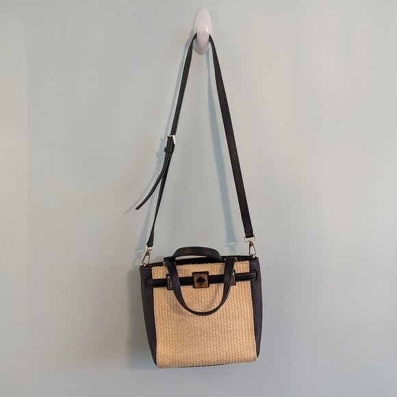 Kate Spade New York Natural and Black Houston Street Straw Demarco Leather Tote - Picture 1 of 16